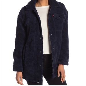 Levi’s L Sherpa shearling trucker jacket blue navy winter coat long length cute
